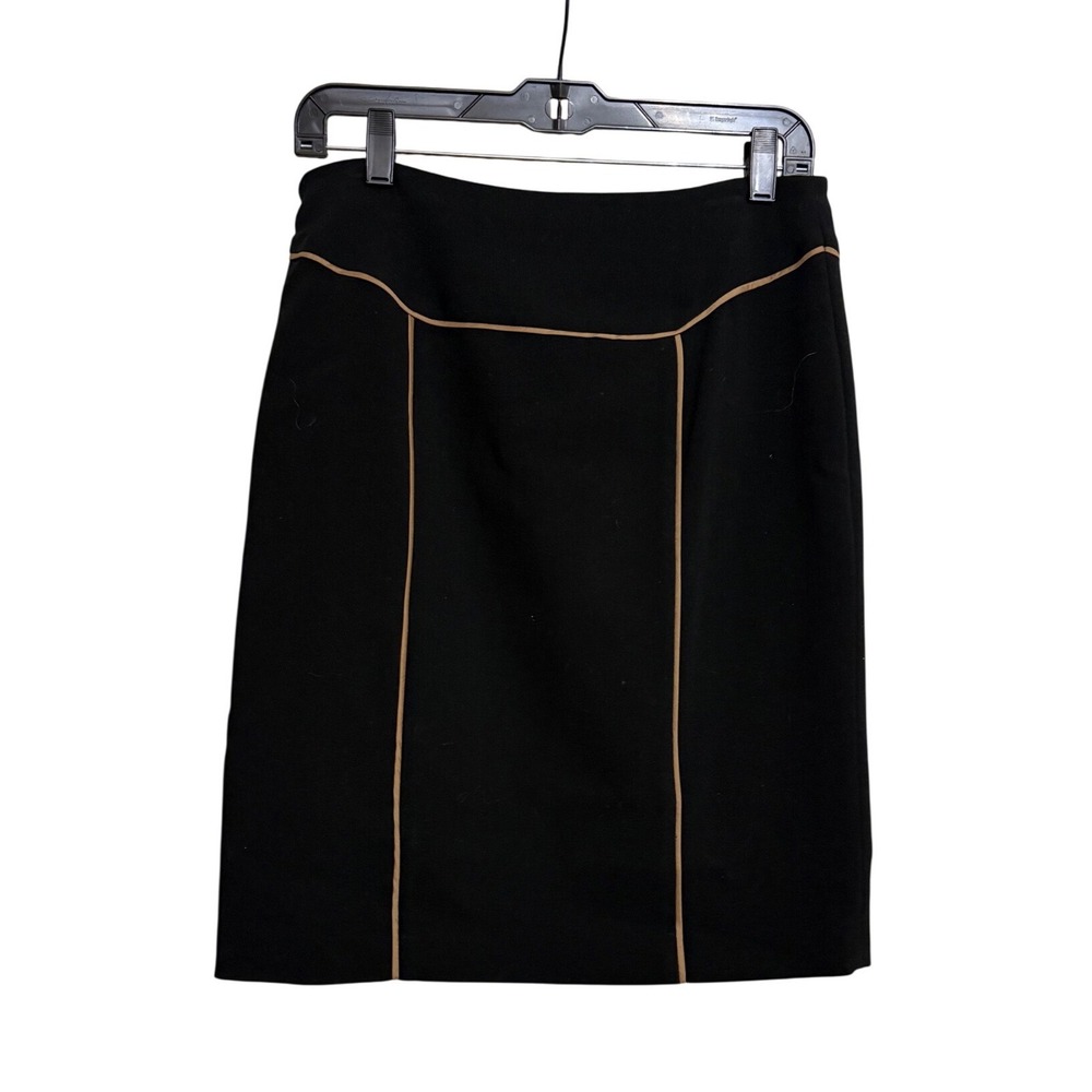 Adrianna Papell Womens Black Pencil Skirt Tan Piping Slit Size 4 Knee Length
